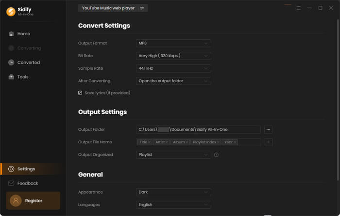set up youtube music output format