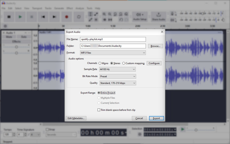 export spotify mp3 tracks from audacity