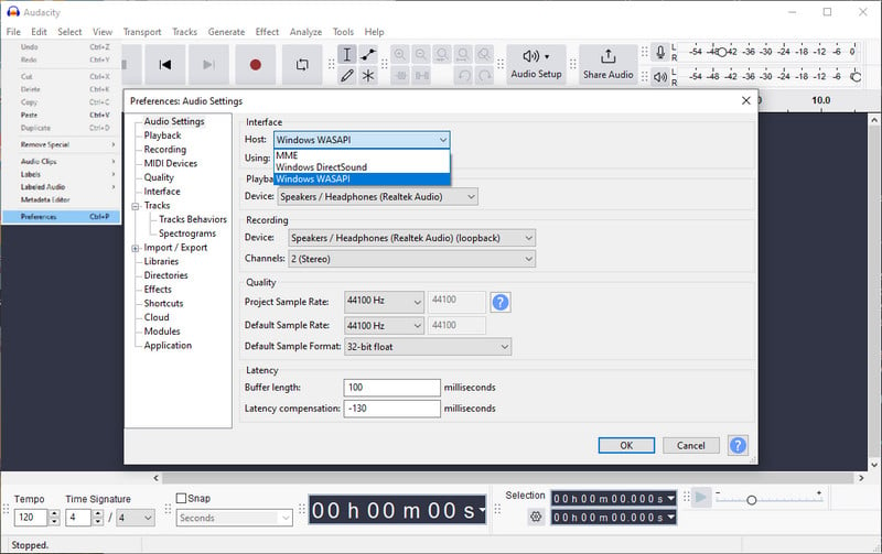 record settings on Audacity