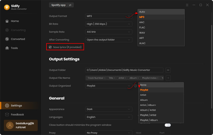 spotify to mp3 settings