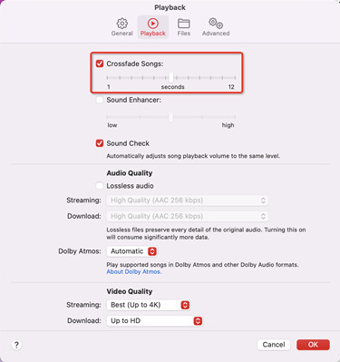 mac music playback preferences crossfade